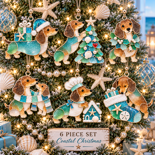 ⏰Coastal Christmas Dachshund Ornament Set – ✨6-Piece Stained Glass-Inspired Sea Glass Dog Christmas Tree Decorations, Gift for Dachshund Lovers