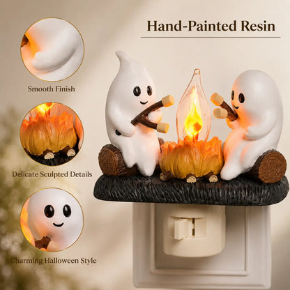 3D Flickering Campfire Plug-In Night Light, Halloween & Christmas Character LED Nightlight, Cute Indoor Holiday Decoration for Bedroom, Hallway and Gifts, Resin