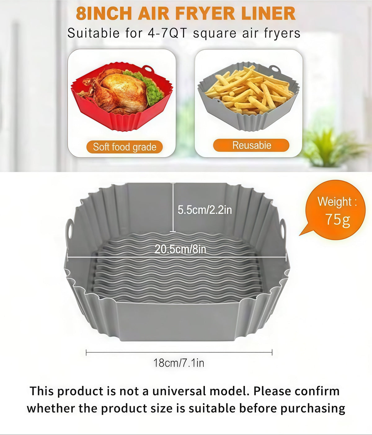Reusable Air Fryer Silicone Liner 🍟 – 8' Nonstick Cooking Basket Insert