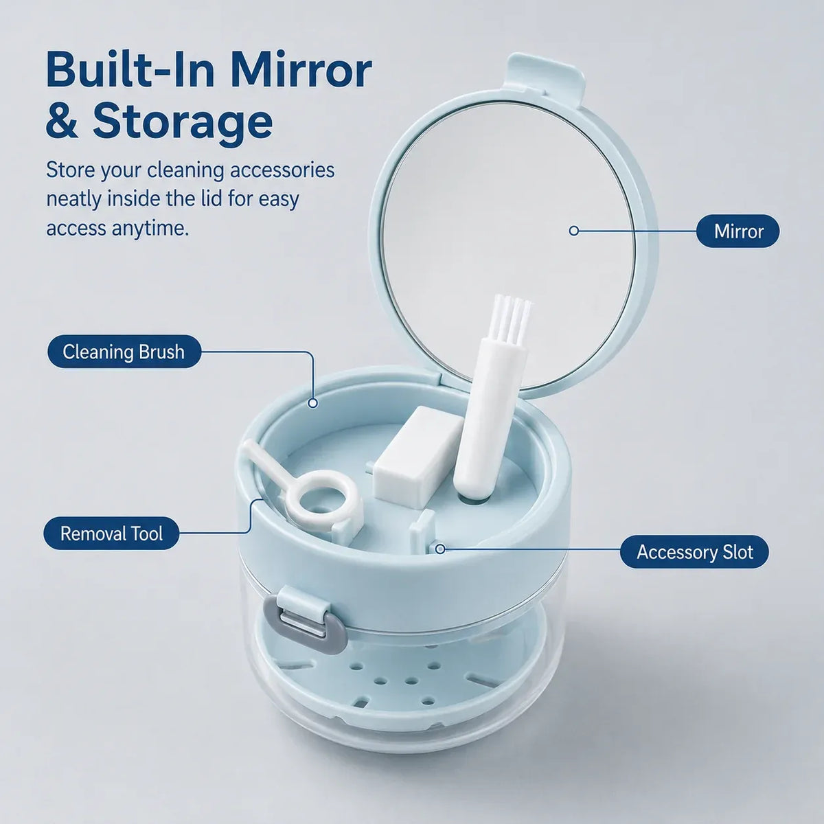 💙Clean, Drain & Store in One🔥3-in-1 Leak-Proof Retainer Cleaning Case with Mirror, Drain Tray - Travel Storage✈️