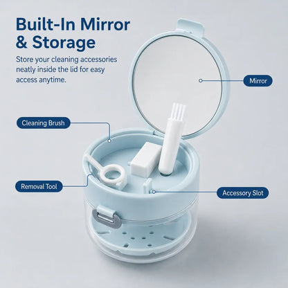 💙Clean, Drain & Store in One🔥3-in-1 Leak-Proof Retainer Cleaning Case with Mirror, Drain Tray - Travel Storage✈️