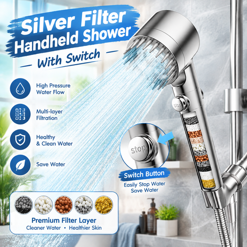 Silver Filtered Handheld Shower Head with ON/OFF Switch, Multi-Mode