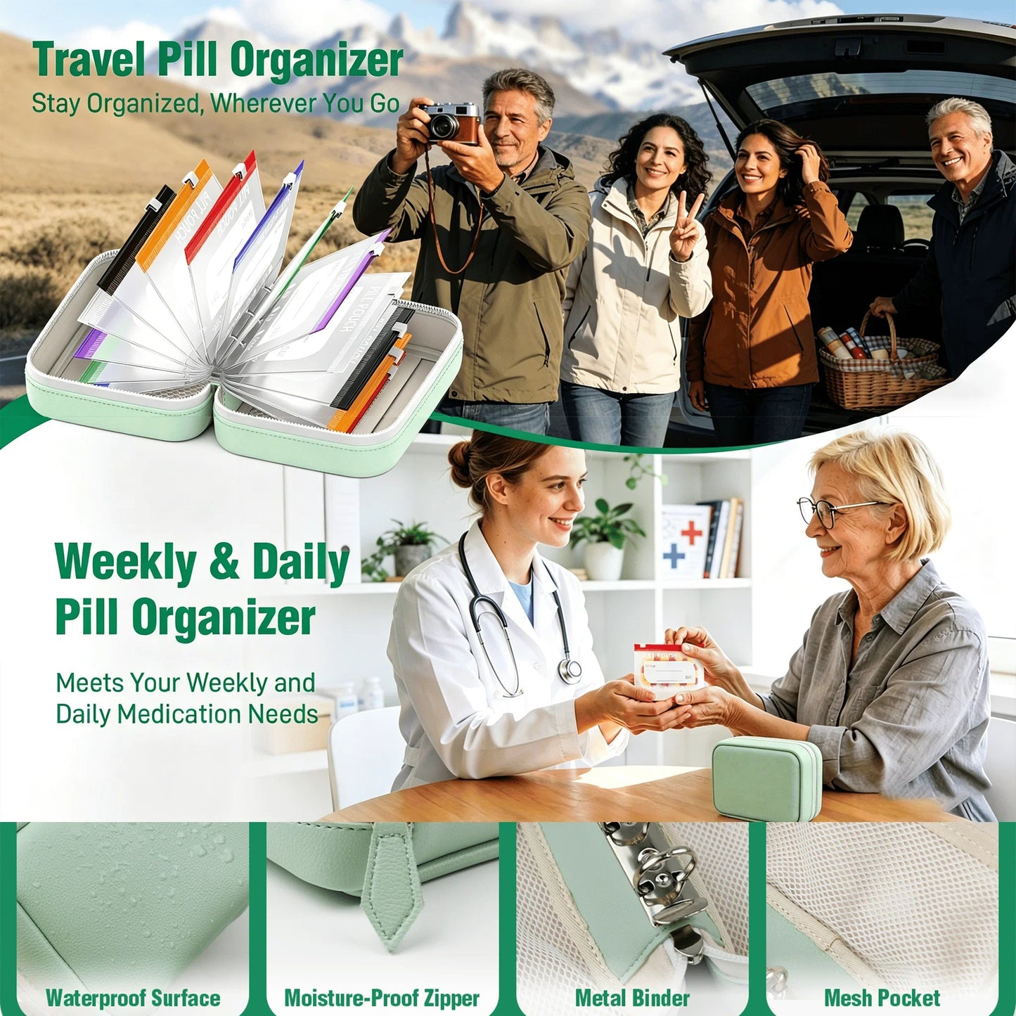 💊 A8 Waterproof 14 Color-Coded Pill Pouches Organizer – Portable Binder-Style Weekly Travel Medicine Storage Case for Pills, Vitamins & Supplements