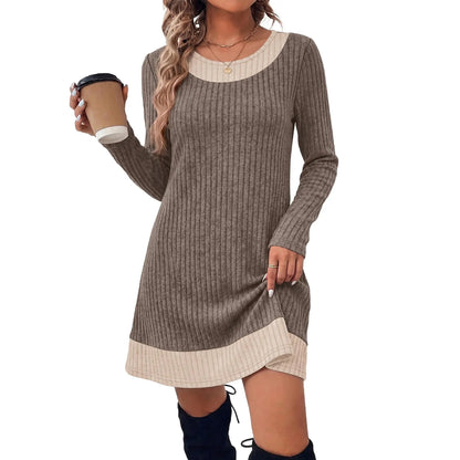 Fashion Fall Dresses for Women 2026 Long Sleeve Sweater Dress Color Block | Side Pockets, Ribbed, Lightweight, Winter Clothing, Loose Fit