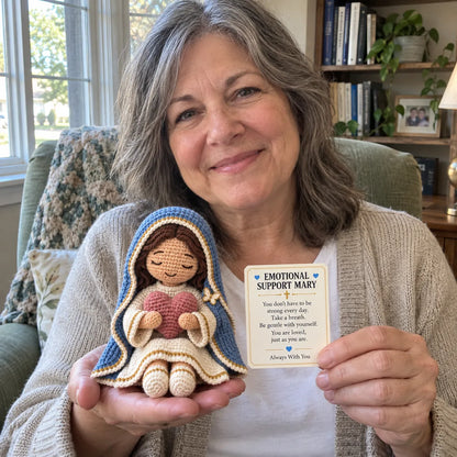 ⏳ Last Day 49% OFF –💙Always With You Mary Comfort Doll | Handmade Crochet Companion Holding A Heart with Encouragement Card ✨