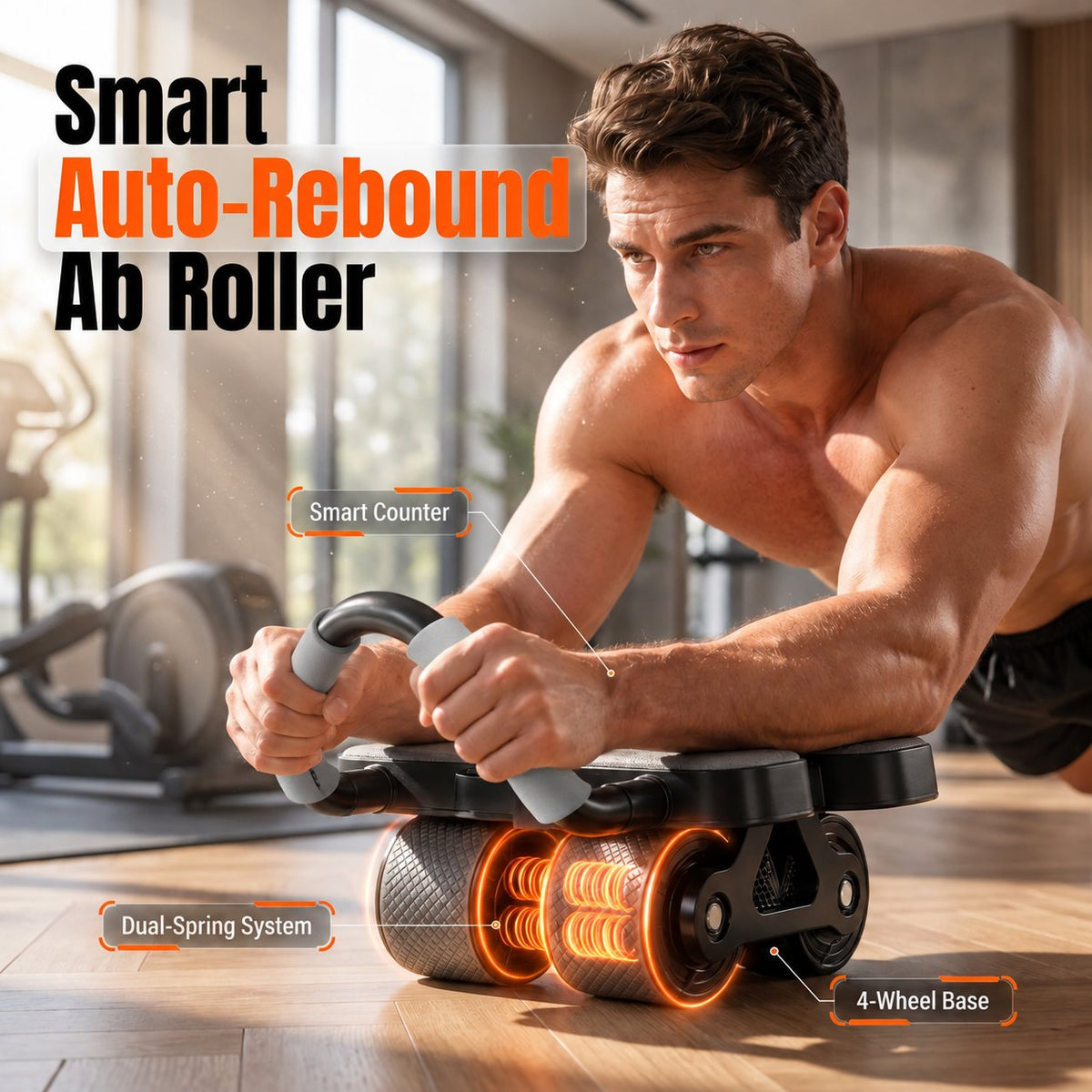 💪 Smart 4-Wheel Automatic Rebound Ab Roller – Digital Display, Elbow Support & Phone Holder