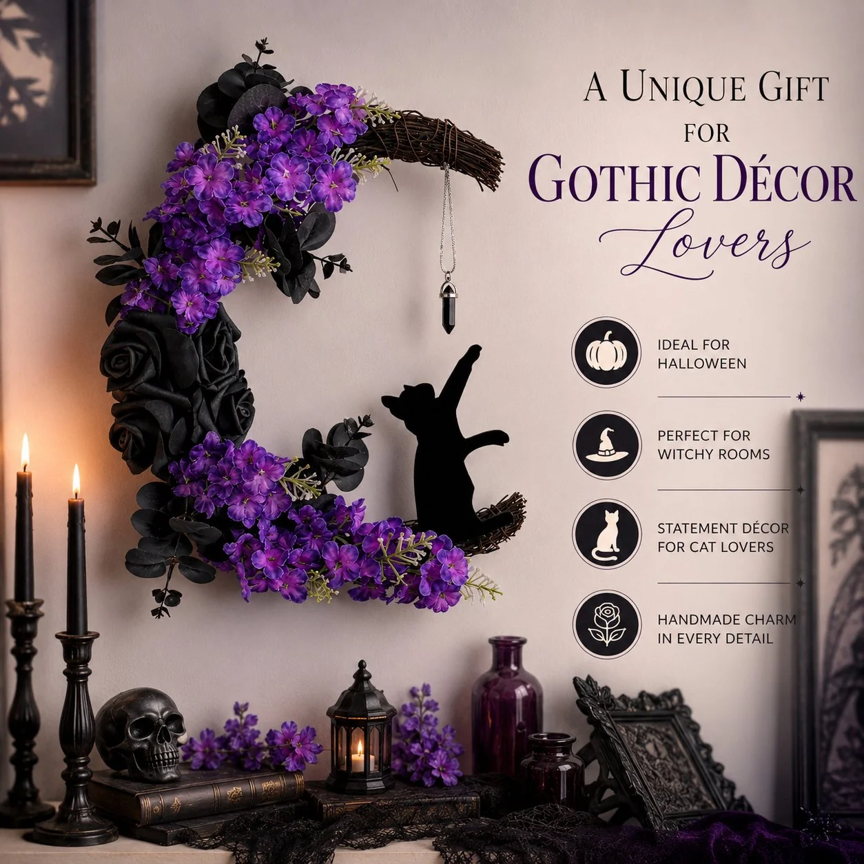 🔥Halloween Early Bird Sale🎃 Light Up Your Door With a Magical Halloween Moon Cat Wreath🌙🐈‍⬛