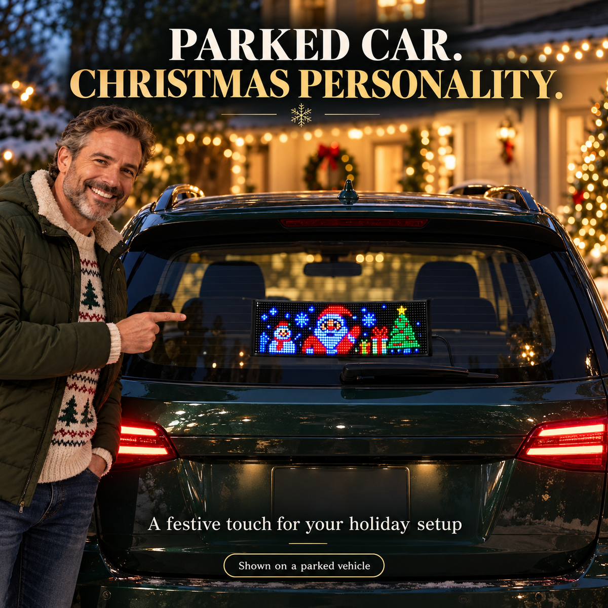Christmas LED pixel panel on a parked car