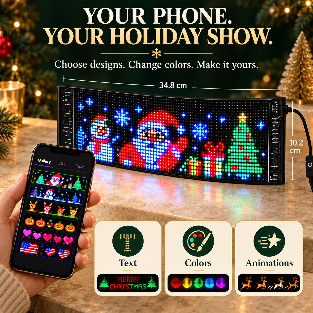 Smartphone control and DIY text, colors and animation options