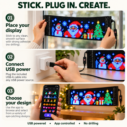 Three-step LED panel setup with adhesive mounting, USB power and app controls