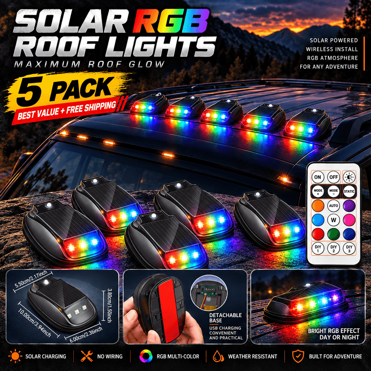 🔆Solar RGB Roof Lights 🌙with Wireless Remote, Waterproof Design & Easy Install