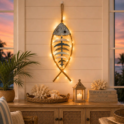🎉🎉🐟✨ Lighted Coastal Rope Fish Wall Hanging