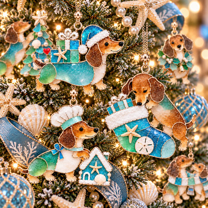 ⏰Coastal Christmas Dachshund Ornament Set – ✨6-Piece Stained Glass-Inspired Sea Glass Dog Christmas Tree Decorations, Gift for Dachshund Lovers