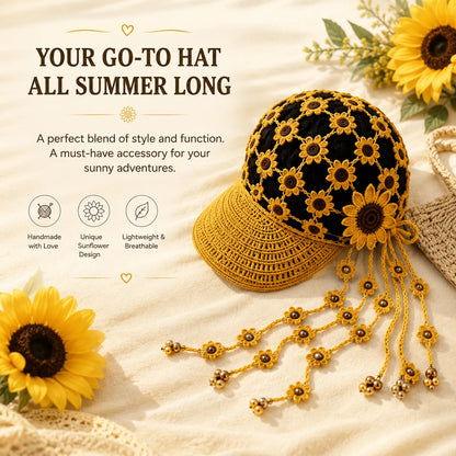 Handcrafted Floral Crochet Baseball Cap | Hollow-Out Knit Boho Hat with Hanging Tassels