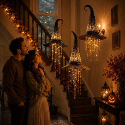 Lighted Witch Hat Set with Cascading Stars