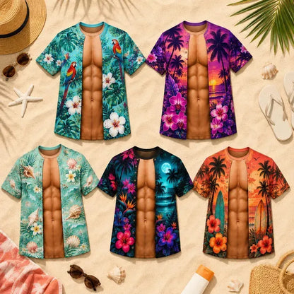 Funny Muscle T Shirt for Men, Hawaiian Shirt Illusion Tee, Personalized 3D Fake Open Shirt💪🔥