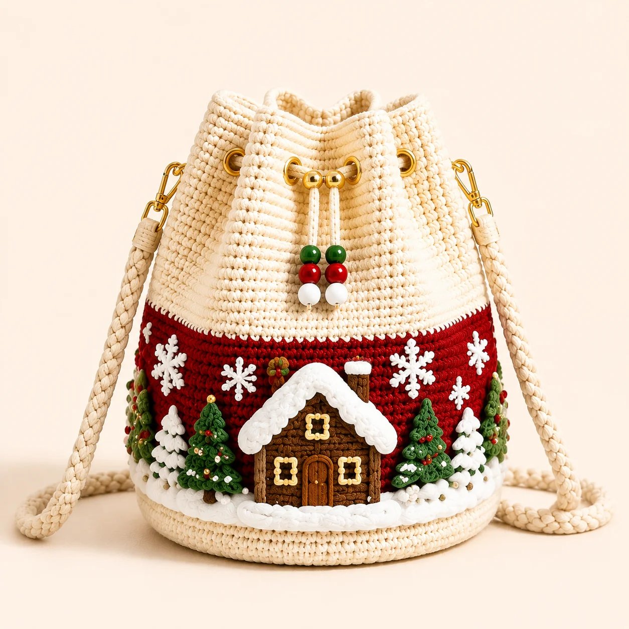 🎄Christmas Crochet Bucket Crossbody Bag 🎅 | 4 Styles Hand‑Knitted Drawstring Shoulder Purse | Festive Holiday Women Handbag Gift