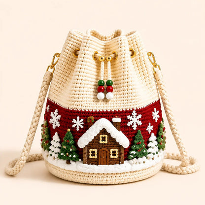 🎄Christmas Crochet Bucket Crossbody Bag 🎅 | 4 Styles Hand‑Knitted Drawstring Shoulder Purse | Festive Holiday Women Handbag Gift