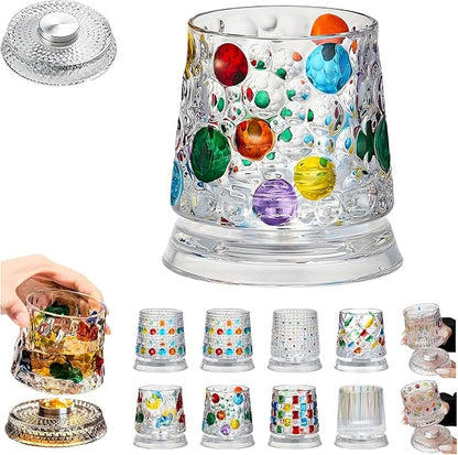 Spinning Whiskey Glasses, Vintage Colored Crystal Whiskey Glass, Hand-Painted Old Fashioned Tumbler for Bourbon, Scotch, Cocktails, Decorative Drinking Glass for Home Bar