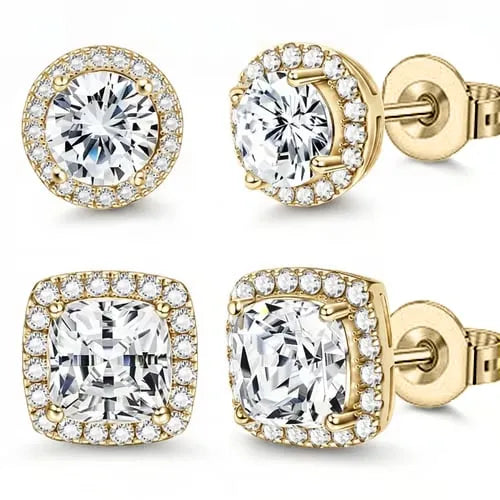 Halo Stud Earrings 4-Pack- Gold & Silver Round/Square Styles