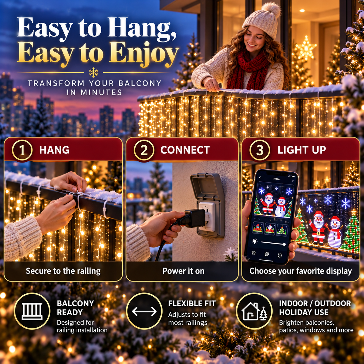 🎄 Smart RGB Pixel Curtain Lights – App-Controlled Animated Holiday Display for Balcony & Window Decor-3m*3m