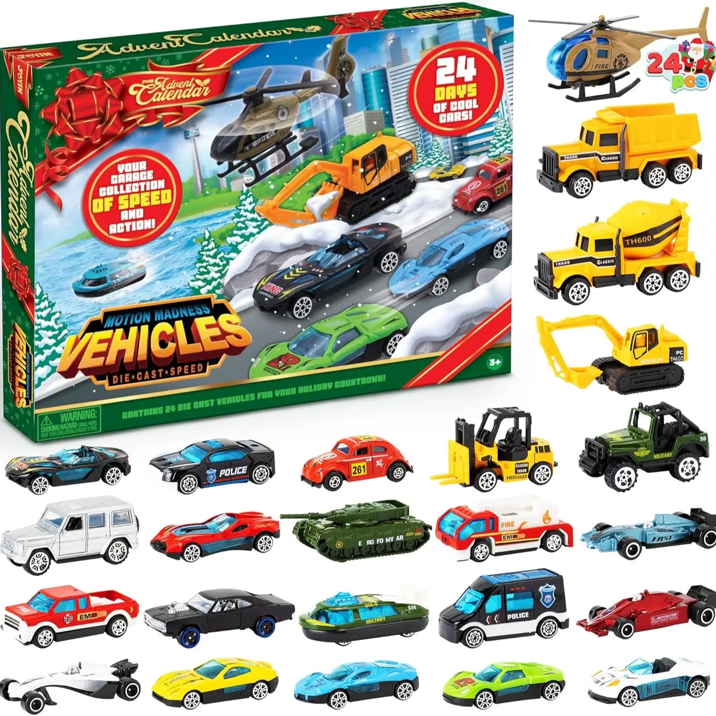🎄 24-Day Vehicle Advent Calendar – 24 Mini Vehicles & Play Map