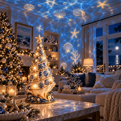 🌊🎄 Coastal Christmas Seashell Tree – Lighted Projection Holiday Decor