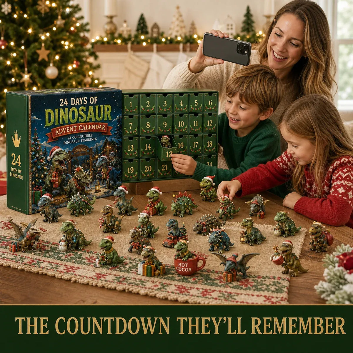 Children enjoying dinosaur advent calendar at Christmas