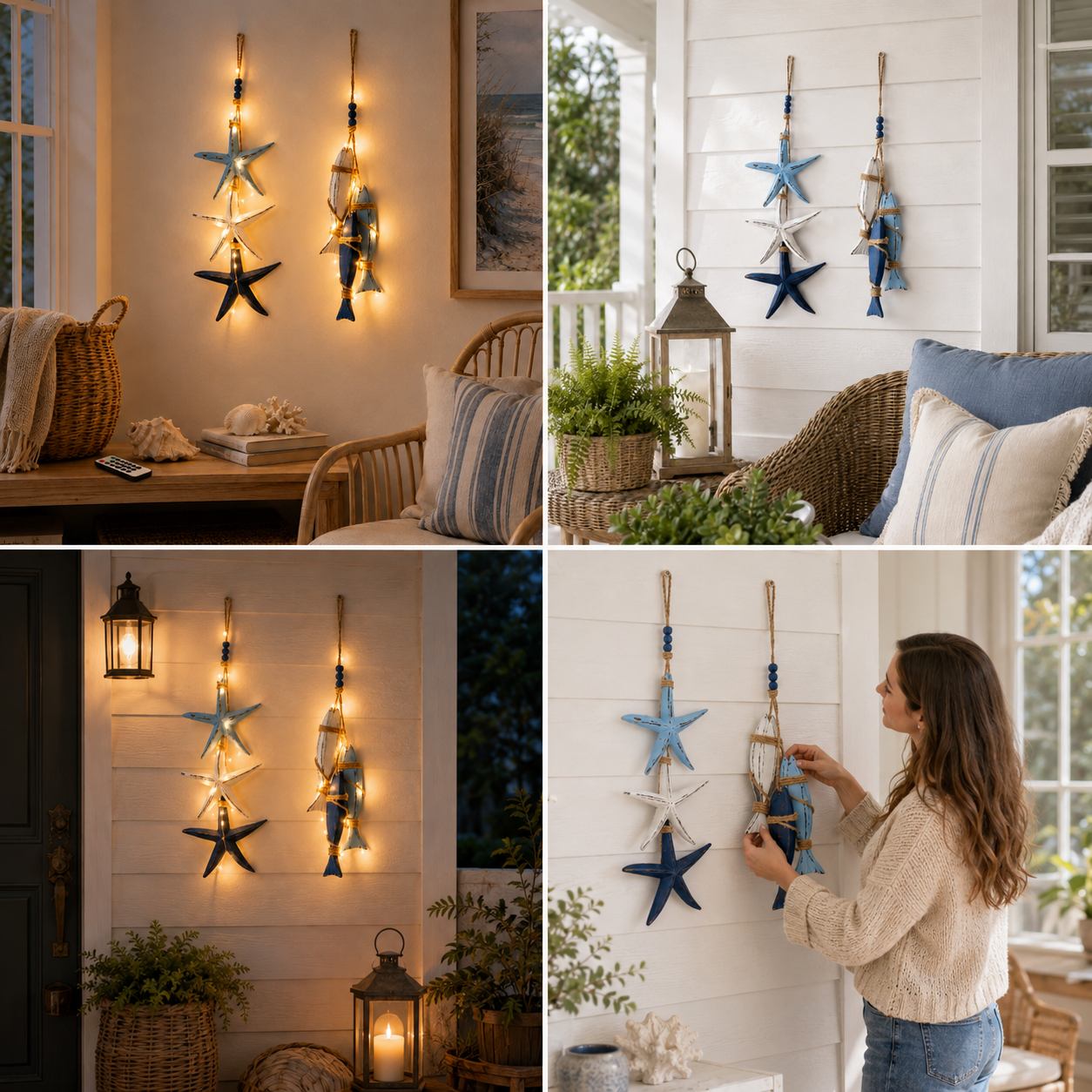 🐟🌊Lighted Coastal Wooden Starfish & Fish Hanging Decor