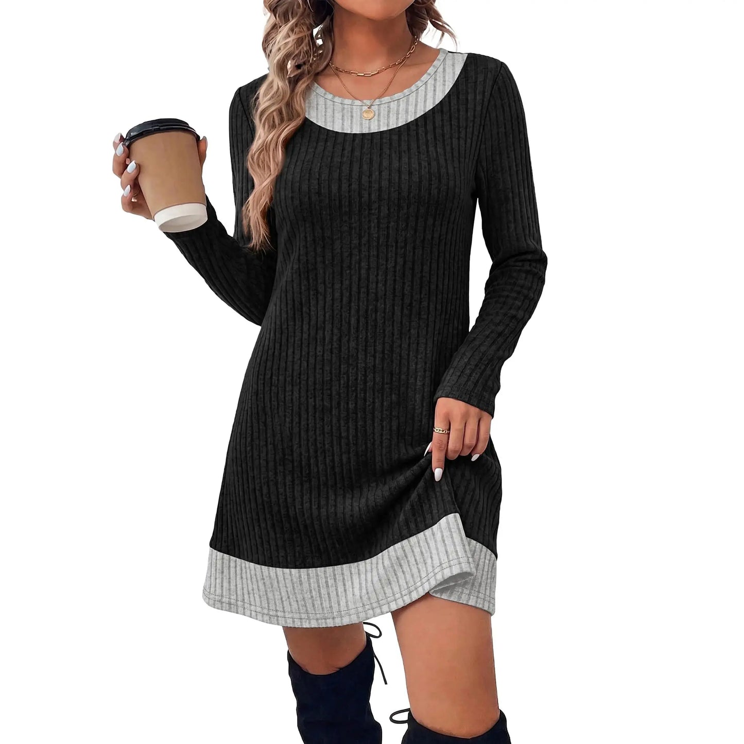 Fashion Fall Dresses for Women 2026 Long Sleeve Sweater Dress Color Block | Side Pockets, Ribbed, Lightweight, Winter Clothing, Loose Fit