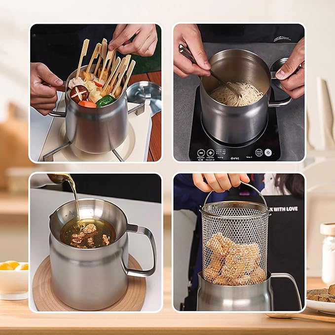 3-in-1 Stainless Steel Deep Fryer Pot – Fry, Strain & Store Oil