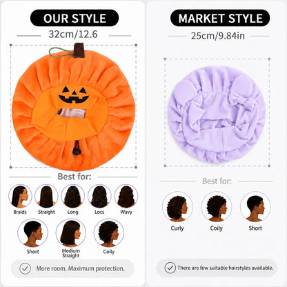 🎃 Pumpkin Sleep Bonnet – Fluffy Jack-O’-Lantern Hair Cap for Cozy Nights, Skincare & Halloween Fun