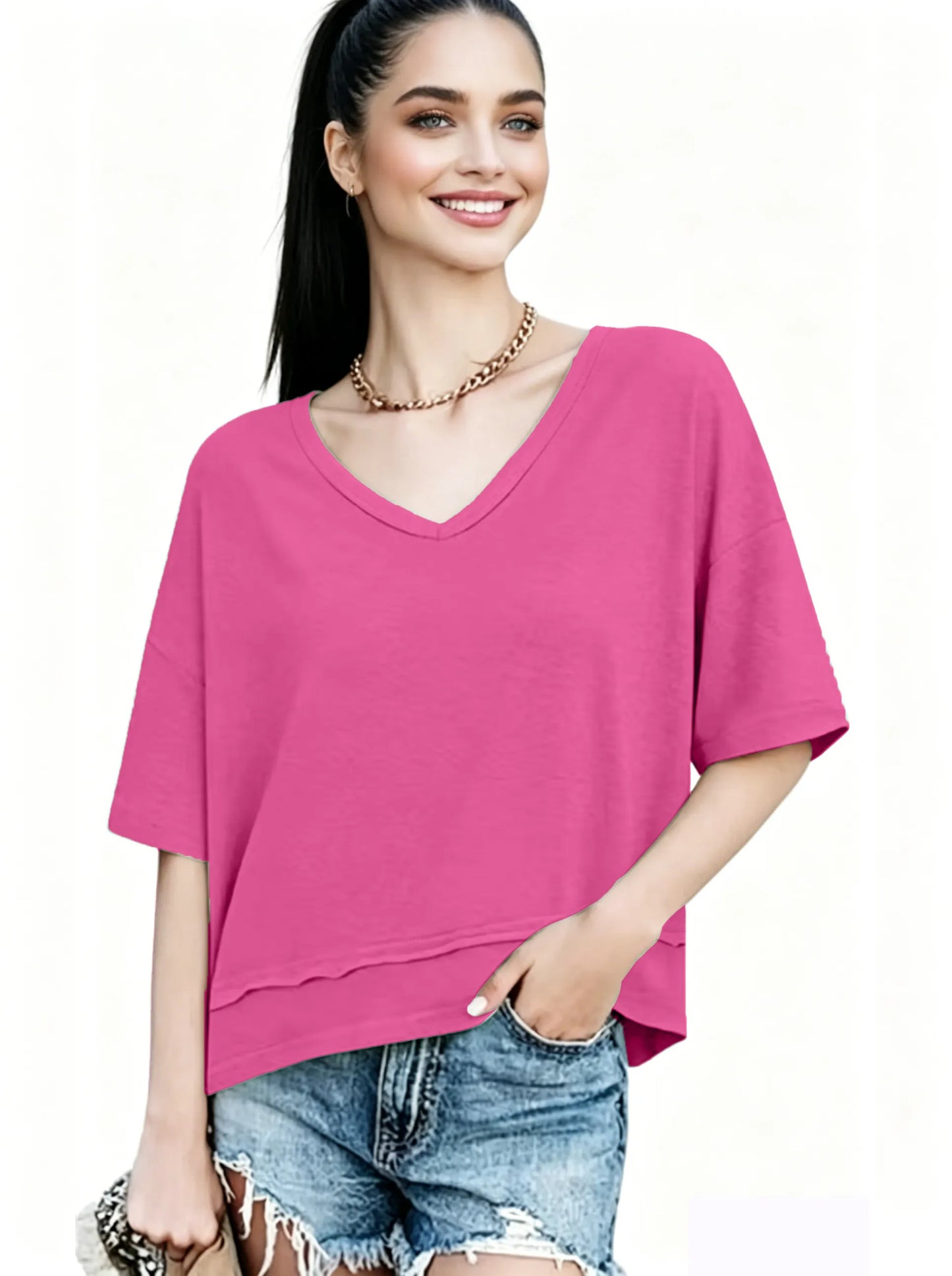 Women's V-neck Mid-length Sleeve Spliced Hem Basic Top