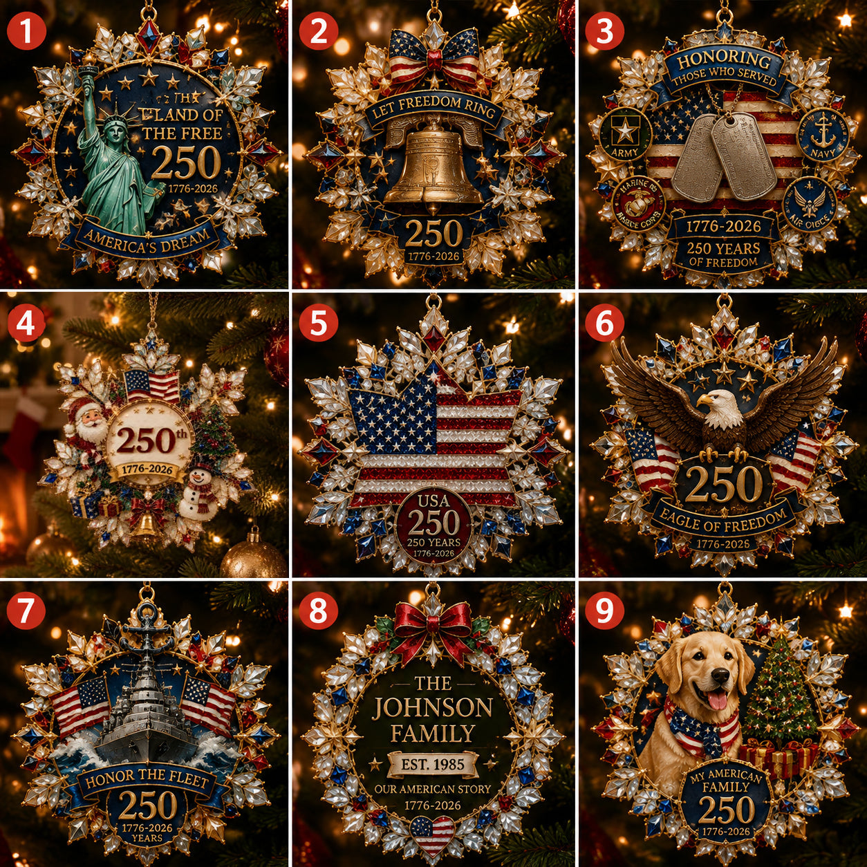 🔥🎁America 250 Crystal Patriotic Christmas Ornament