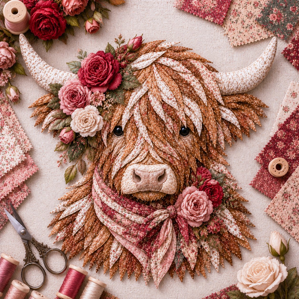 🐮Birth Flower Highland Cow 3D Layered Fabric Art DIY Kit (Beginner-friendly