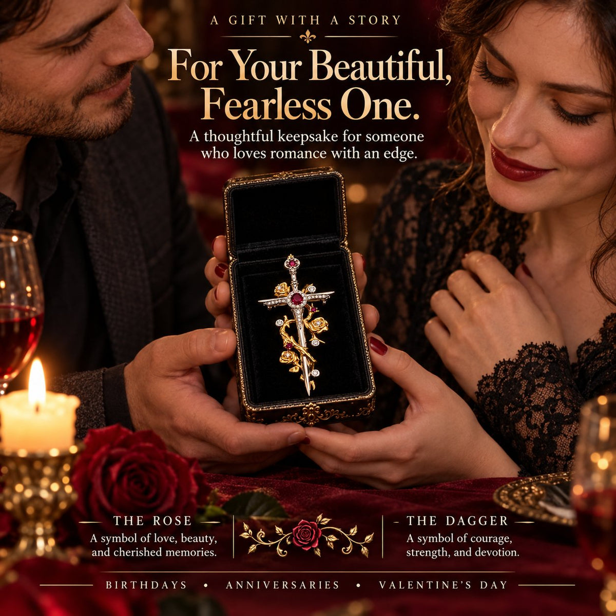 🥀 Gothic Rose & Dagger Brooch | Sculpted Golden Roses • Silver-Tone Blade • Ruby-Red Accents 🗡️