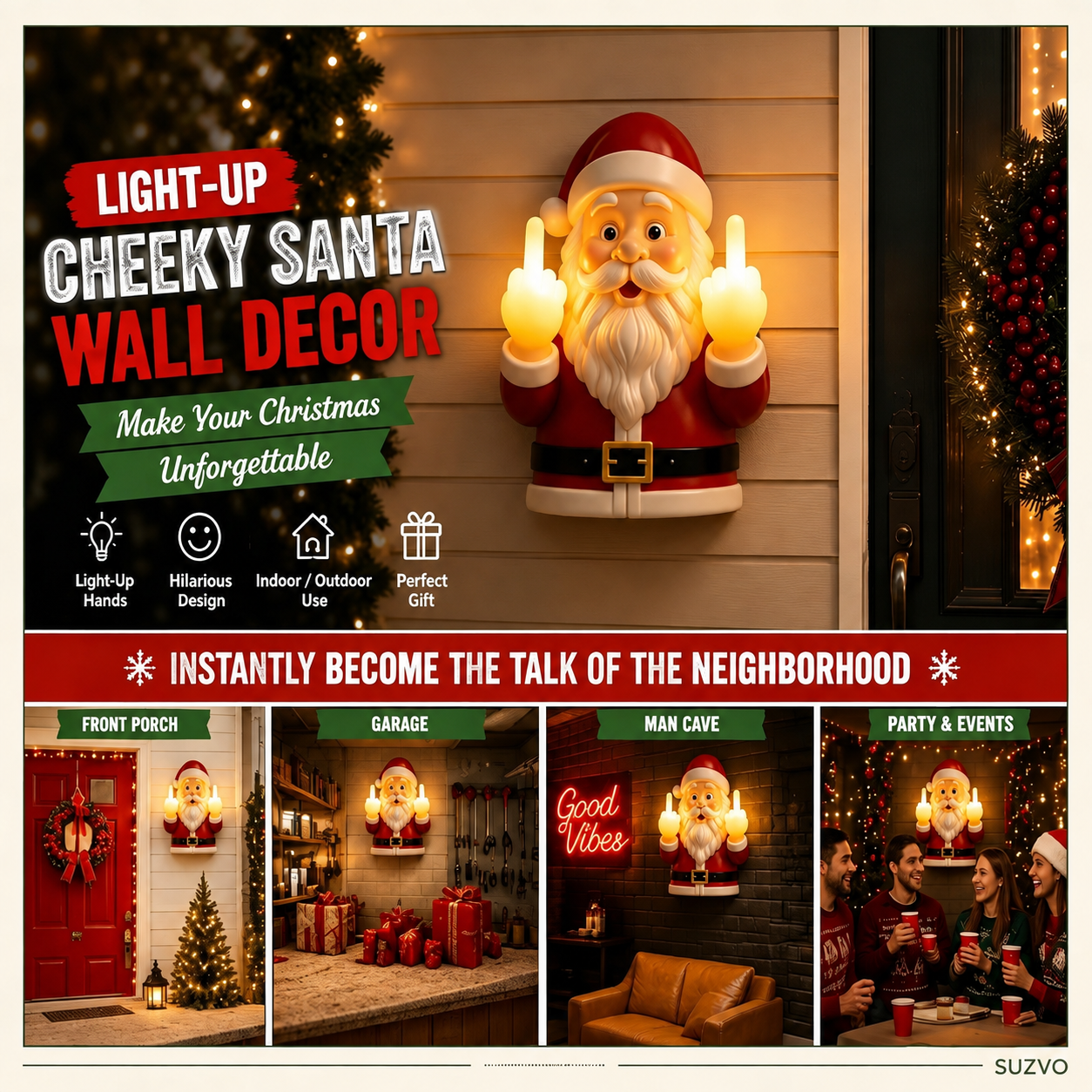 🎅 Light-Up Middle Finger Santa Wall Decor – Hilarious Christmas Decoration