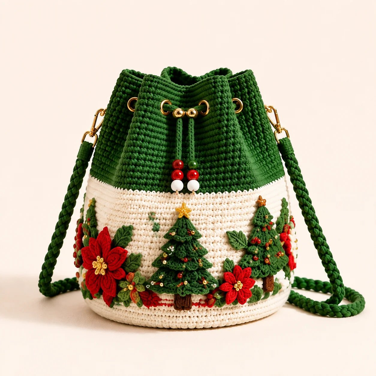 🎄Christmas Crochet Bucket Crossbody Bag 🎅 | 4 Styles Hand‑Knitted Drawstring Shoulder Purse | Festive Holiday Women Handbag Gift