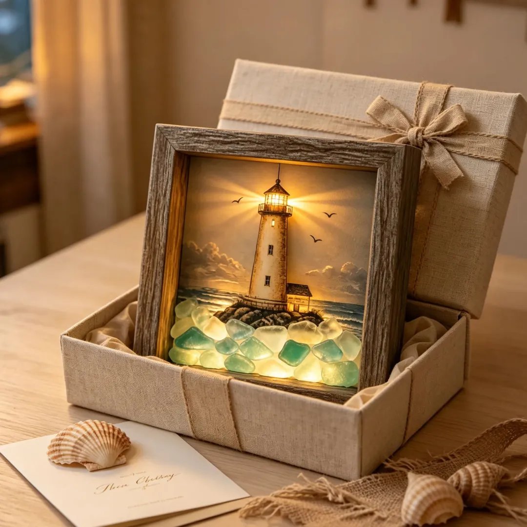 Coastal Lighthouse Sea Glass Shadow Box Night Light