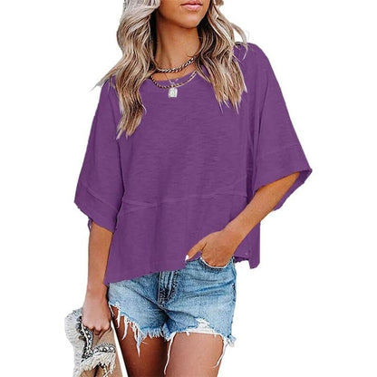 Women's Summer Casual Crewneck Batwing Half Sleeve T-Shirts Solid Color Loose Fit Cute Basic Flowy Tops Tees Blouses