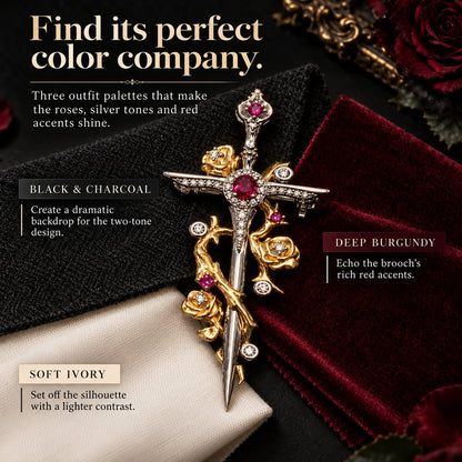 🥀 Gothic Rose & Dagger Brooch | Sculpted Golden Roses • Silver-Tone Blade • Ruby-Red Accents 🗡️