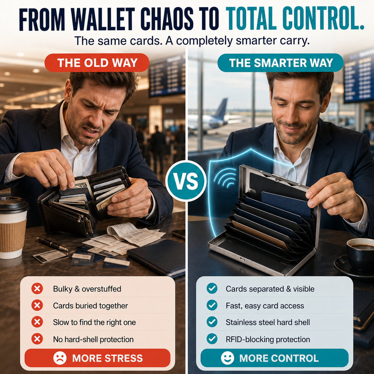 RFID Blocking Stainless Steel Card Wallet – Slim Pop-Up Accordion Card Holder with Cash Slot
