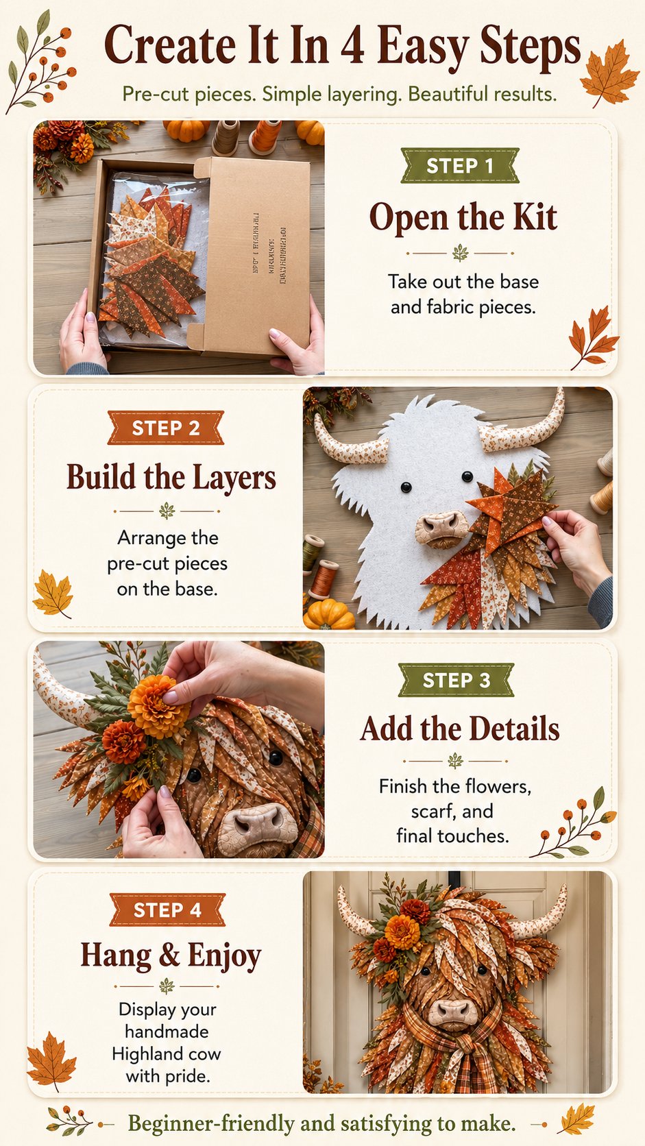 🐮Birth Flower Highland Cow 3D Layered Fabric Art DIY Kit (Beginner-friendly
