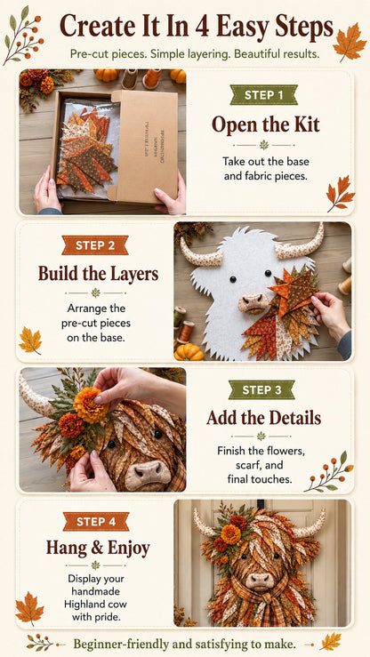 🐮Birth Flower Highland Cow 3D Layered Fabric Art DIY Kit (Beginner-friendly