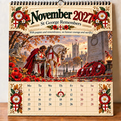 ⏳ Last Day 49% OFF – 🛡️ 2027 England St. George Wall Calendar | 12 Illustrated Monthly Scenes with Faith, Courage & Heritage 🇬🇧