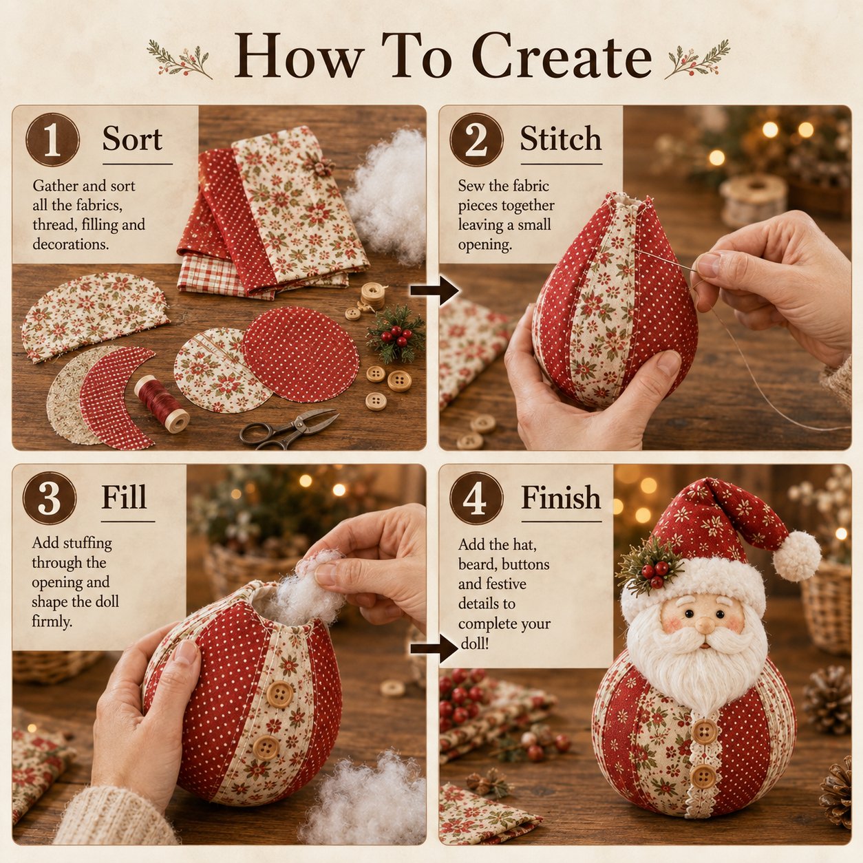 🎄 DIY Patchwork Fabric Doll Kit – Create Your Own Handmade Christmas Character