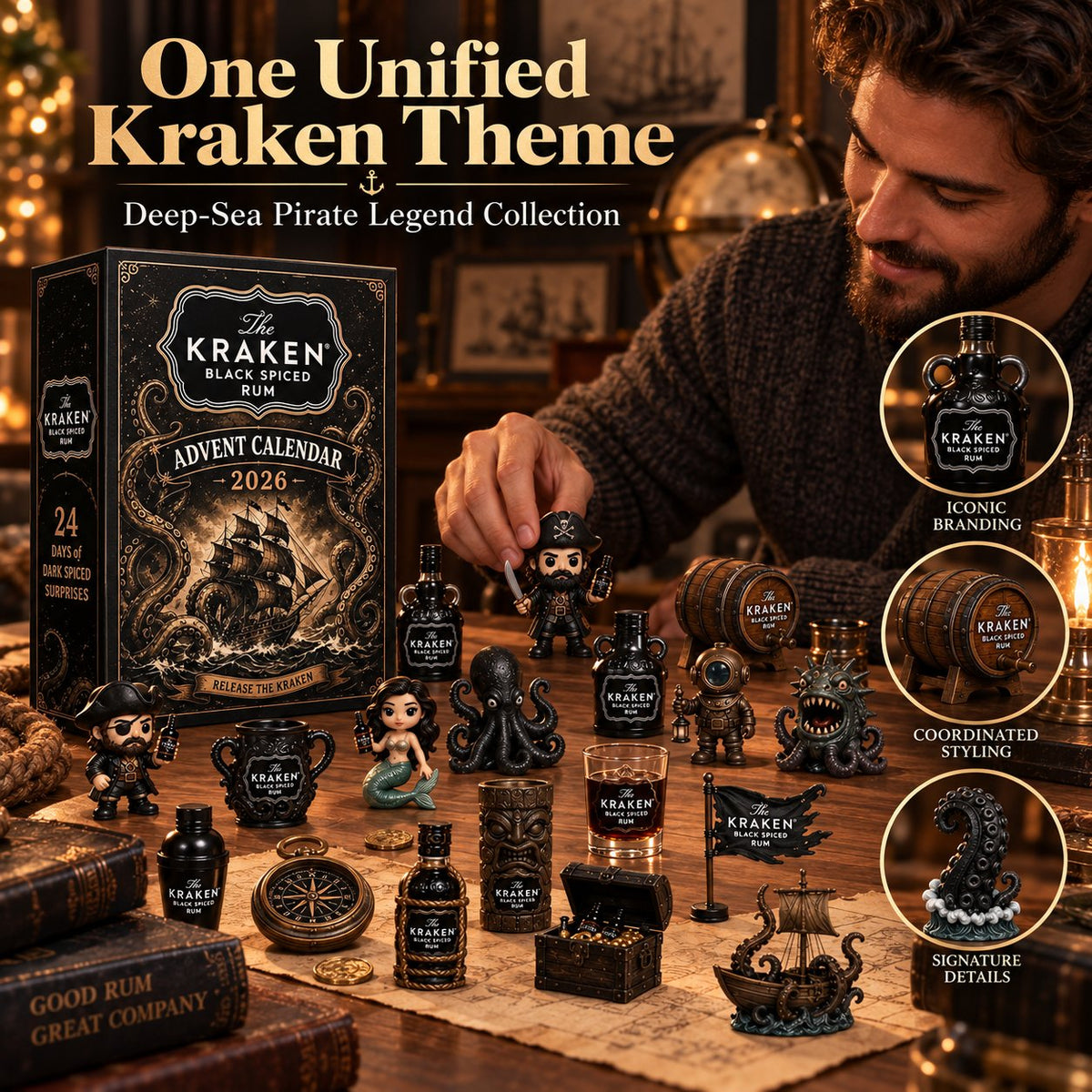24-Day Kraken Rum Mini Bottle Advent Calendar Set for Holiday Bar Table Display, Rum Lover Collectible Gift, Christmas Countdown & Festive Decoration