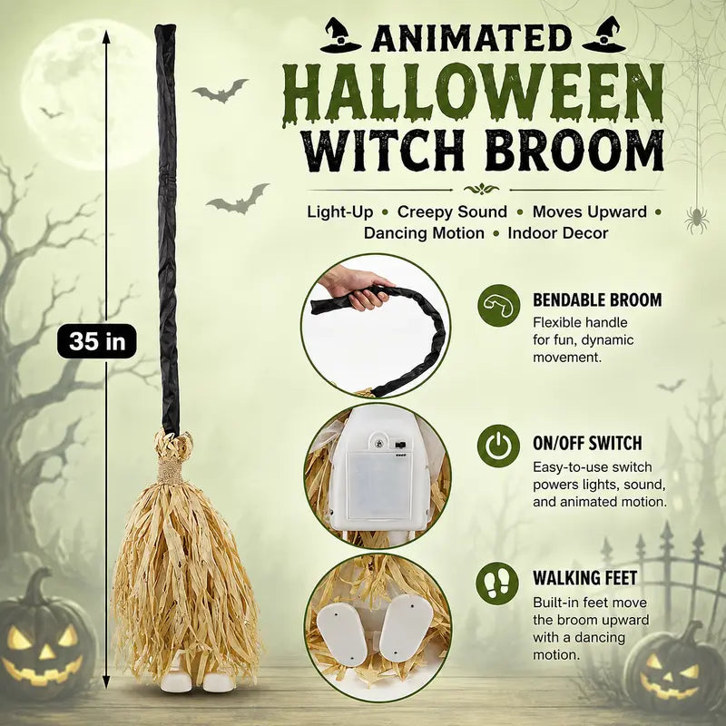 🧙‍♀️🧹Animated Moving Witch Broom with Light & Sound