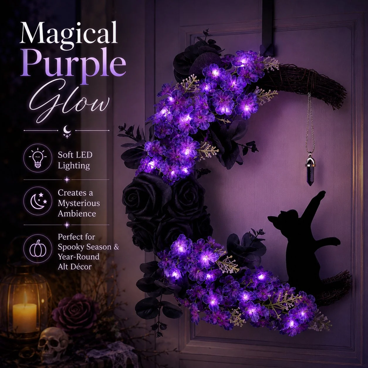🔥Halloween Early Bird Sale🎃 Light Up Your Door With a Magical Halloween Moon Cat Wreath🌙🐈‍⬛