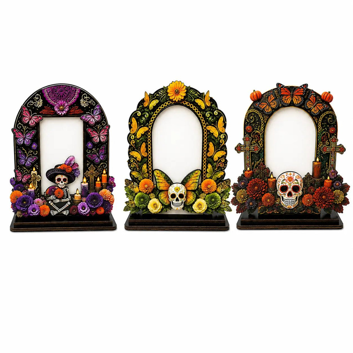 💀 DAY OF THE DEAD DECOR | 6 Wooden Memorial Photo Frames – Colorful Ofrenda Picture Frame Set with Floral Details